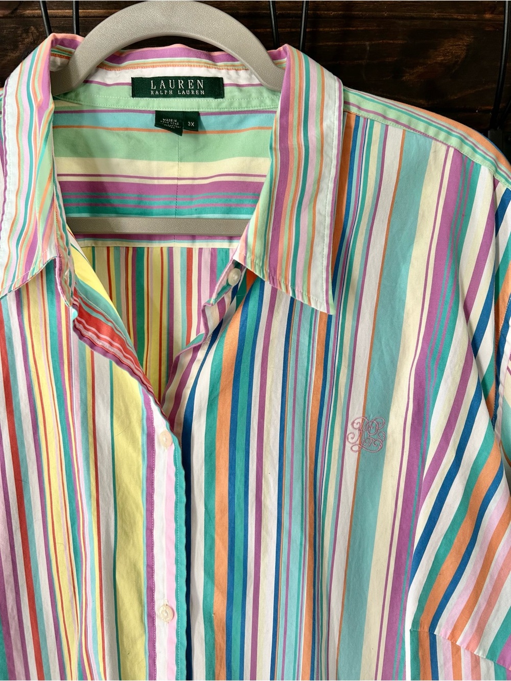 100% Cotton Lauren Ralph Lauren Pastel Preppy Stripe Plus Size Long Sleeve Shirt